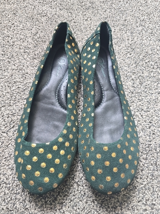 Born Shoes - Born Crown Ballet Flats Womens 6 DarkGreen Suede Gold Spotted Round Toe Slip On